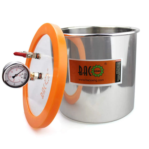 BACOENG 3-Gallon stainless steel vacuum degassing chamber with orange lid and pressure gauge.