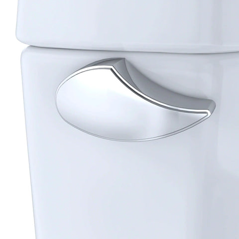 Close-up of chrome right hand lever on Drake II Toilet Tank With Right Hand Lever Cotton Finish, Two Piece High Profile Replacement Tank