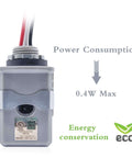 Outdoor Wire In Photocell Switch With Photoelectric Sensor For Stem Mount Lighting MCU Powered Light Control With 5 Second Delay Dusk To Dawn Auto On Off Wide Voltage Range Weatherproof Exterior Photocell Controller JL428C front view with power consumption details