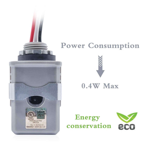 Outdoor Wire In Photocell Switch With Photoelectric Sensor For Stem Mount Lighting MCU Powered Light Control With 5 Second Delay Dusk To Dawn Auto On Off Wide Voltage Range Weatherproof Exterior Photocell Controller JL428C front view with power consumption details