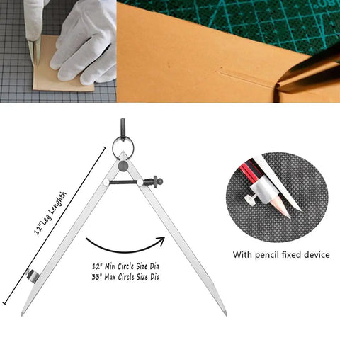 Robust Badass 12 Inch Heavy Duty Spring Divider Compass With Adjustable Metal Body And Secure Pencil Clip shown with leatherworking.