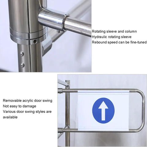 Rock Solid Stainless Steel Swing Gate For Grocery Stores And Warehouses Featuring Smooth Automatic Closing Safety Rail displaying removable acrylic door swing and hydraulic rotating sleeve.