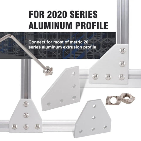 2020 Series Aluminum Corner Bracket Kit with L and T Shape Joint Plates for 20x20mm Extrusion, showcasing connectors and T nuts.