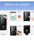 Top Shelf Smart Lock Deadbolt With App Control And Biometric Fingerprint Keyless Entry For Front Doors showing 5 unlocking methods including fingerprint, app, password.