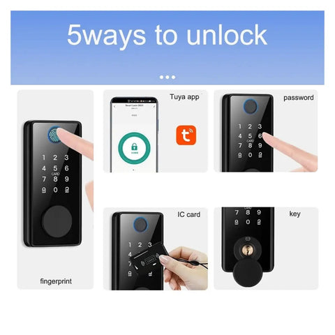 Top Shelf Smart Lock Deadbolt With App Control And Biometric Fingerprint Keyless Entry For Front Doors showing 5 unlocking methods including fingerprint, app, password.