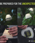 Crush Light Solar Powered Camping Lantern with collapsible design, hanging in outdoors with USB rechargeable battery visible.