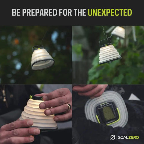 Crush Light Solar Powered Camping Lantern with collapsible design, hanging in outdoors with USB rechargeable battery visible.