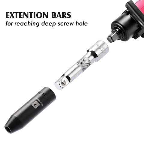 Beefy Duty 9 Piece Socket Extension Bar Set for Quarter Inch, Three Eighths and Half Inch Drives with CRV Steel shown in use.