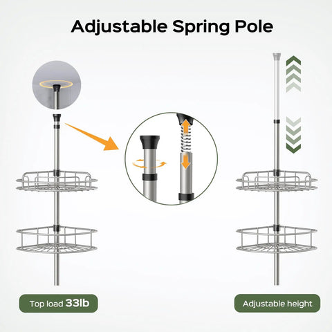 Heavy Duty Four Tier Corner Shower Caddy Telescoping Tension Pole Quick Adjust Shelves Bathroom Storage Rustproof Non Slip Shampoo Holder Built Like A Tank And Stays Put