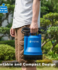 Person holding Portable Submersible Sump Pump No Nonsense 1/4HP 1676GPH for clean and dirty water removal in garden