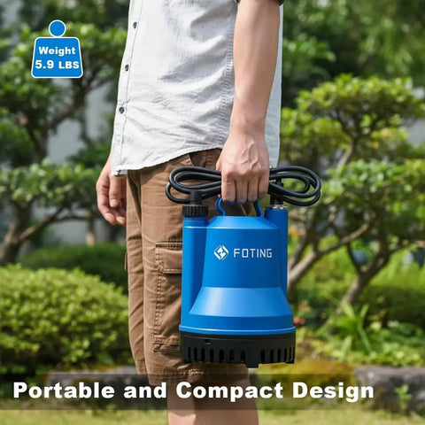 Person holding Portable Submersible Sump Pump No Nonsense 1/4HP 1676GPH for clean and dirty water removal in garden