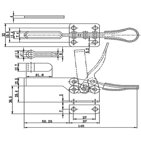 Technical diagram of Four Pack Quick Release Toggle Clamp Set 100kg Horizontal Locking Tool with detailed measurements.