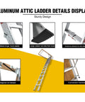 Beefy Heavy Duty Aluminum Attic Ladder 25 By 54 Inch With 375 Pound Capacity Pull Down Access For Ceilings Ranging From 7 Ft 8 In To 10 Ft 3 In Easy Install Durable Construction For Safe Home Storage. details display with hinge, non-slip step and handrail