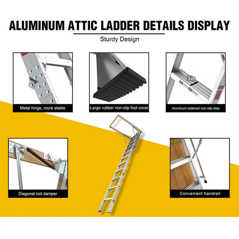 Beefy Heavy Duty Aluminum Attic Ladder 25 By 54 Inch With 375 Pound Capacity Pull Down Access For Ceilings Ranging From 7 Ft 8 In To 10 Ft 3 In Easy Install Durable Construction For Safe Home Storage. details display with hinge, non-slip step and handrail
