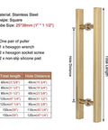 Double Sided H Shaped Sliding Door Handle With Ergonomic Push Pull Grip, shown with installation dimensions and hardware kit