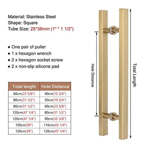 Double Sided H Shaped Sliding Door Handle With Ergonomic Push Pull Grip, shown with installation dimensions and hardware kit
