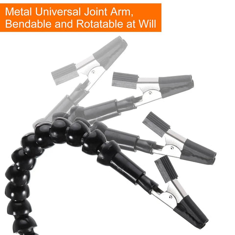 Close-up of the rotatable alligator clip on the Soldering Helping Hands Clamp Stand with flexible gooseneck arms for electronics repair.
