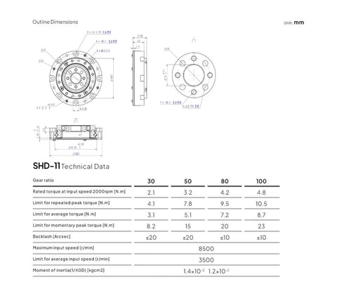 Technical schematic of a Small Hollow Shaft Servo Motor Speed Reducer 52mm Gearbox with strain wave harmonic drive specifications.