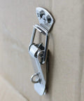 Beefy Stainless Steel Toggle Latch Hasp Set Keeps Your Toolbox Cabinet Trunk Trailer Door And Hood Locked Up Tight Two Pack Of Heavy Duty Rust Proof Metal Fasteners With Solid Grip, close-up view