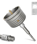 Tough Four Inch Concrete Hole Saw With Slick Quick Release Auto Lock Sds Plus Shank, ideal for brick and masonry cutting.