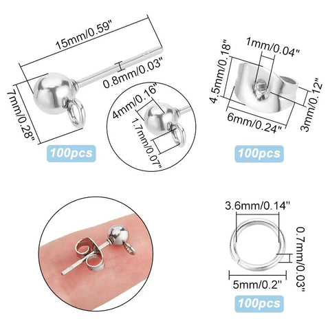 300 Piece Ball Post Earring Stud Kit With Butterfly Backs And Open Jump Rings For DIY Jewelry Making In Non Tarnish Stainless Steel 304 Pro Quality Ball Stud Findings, 100 pcs each