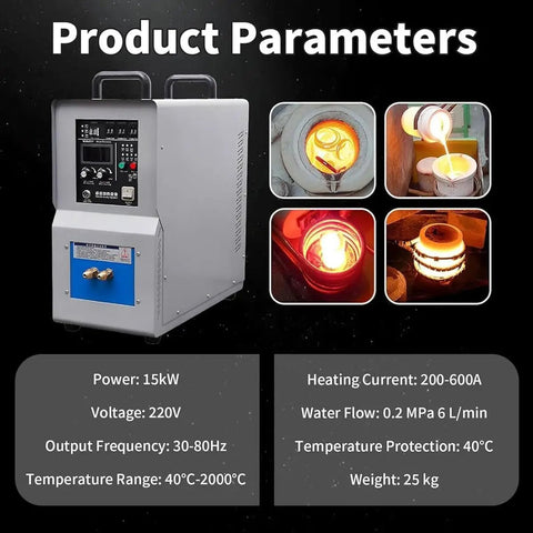 Beast Mode Induction Heater 15KW Water Cooled Industrial Melting Furnace showing product parameters and temperature settings.