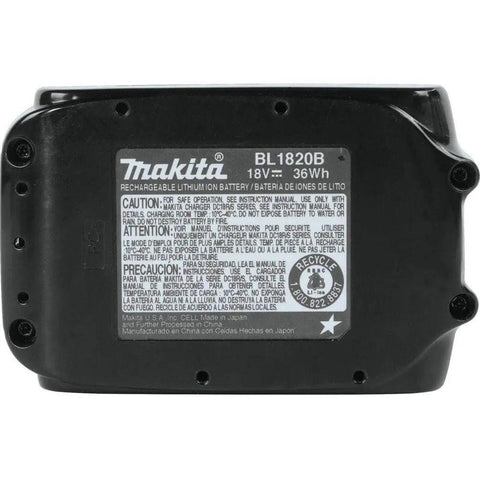Back view of an 18V Compact Lithium-Ion 2.0Ah Battery with LED charge indicator label, model BL1820B, for cordless tools.
