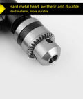 Close-up of Aluminum Head Right Angle Drill Attachment showing metal head with 8 mm hex shank for electric drills and 1-10 mm bit compatibility.