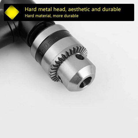 Close-up of Aluminum Head Right Angle Drill Attachment showing metal head with 8 mm hex shank for electric drills and 1-10 mm bit compatibility.
