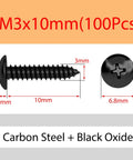 Slick M3 X 10mm Carbon Steel Round Head Self Tapping Wood Screws With Nifty Cross Slotted Mushroom Tops And Tough Black Oxide Finish.