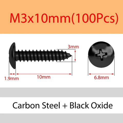 Slick M3 X 10mm Carbon Steel Round Head Self Tapping Wood Screws With Nifty Cross Slotted Mushroom Tops And Tough Black Oxide Finish.