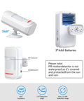 Front and side view of Motion Sensor Door Chime With Wireless PIR Detector And Receiver, showing battery compartment and features.