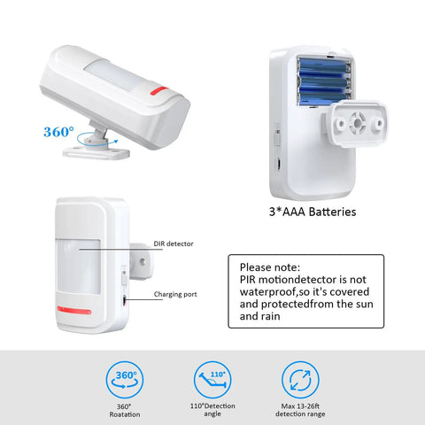 Front and side view of Motion Sensor Door Chime With Wireless PIR Detector And Receiver, showing battery compartment and features.