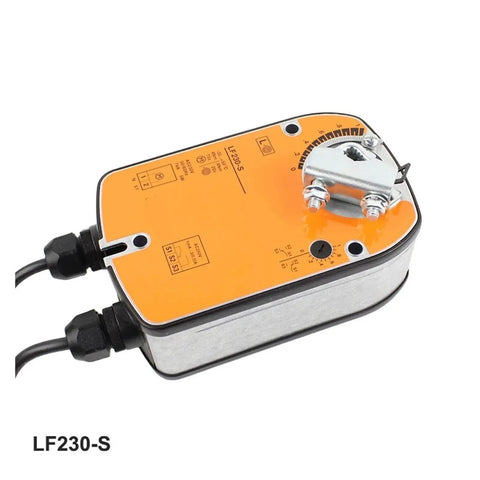 Heavy Lifting AC230V Spring Return Motorized Damper Actuator showing connection ports and adjustable mechanism details.