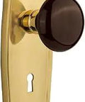 Prairie Plate With Brown Porcelain Knob Door Hardware For Passage, Two And Three Quarters Inch Backset, Solid Brass Plates In Unlacquered Brass Finish