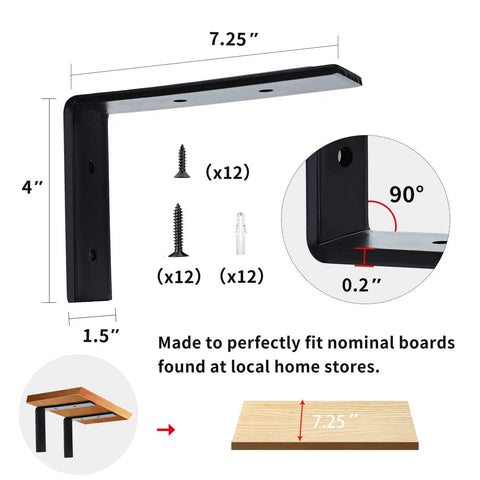 Dimensions of Heavy Duty 8 Inch Shelf Bracket For DIY Floating Shelves One Fifth Inch Thick Steel L Type Supports