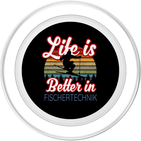 Life Is Better In Fischertechnik PopGrip For MagSafe Ski Edition, black round phone grip with skier graphic