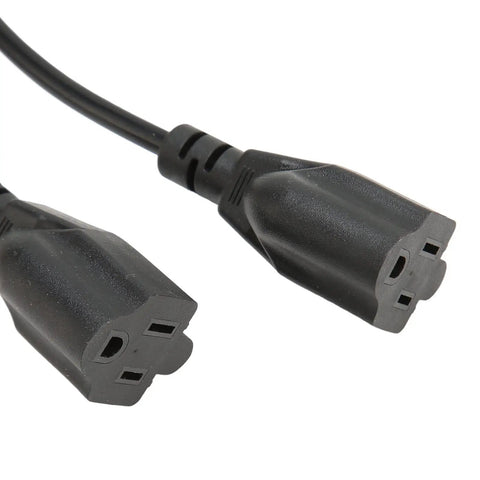 Heavy Duty Three Pin To Two Outlet Power Extension Cord With Hella Roomy Flexible Spacing for bulky adapters, dual socket ends close-up.