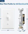 30 Pack UL Listed Toggle Light Switches With White Finish, Modern Classic Toggle Design For Any Room, Perfect For Living Rooms, Bedrooms, Kitchens And Hallways, Prevents Accidental Switching With Deliberate Pressure. White UL-listed toggle switch shown with ultra-thin profile and dimensions