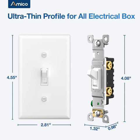 30 Pack UL Listed Toggle Light Switches With White Finish, Modern Classic Toggle Design For Any Room, Perfect For Living Rooms, Bedrooms, Kitchens And Hallways, Prevents Accidental Switching With Deliberate Pressure. White UL-listed toggle switch shown with ultra-thin profile and dimensions