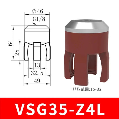 Flexible Mechanical Arm Grabber With Silicone Pneumatic Soft Finger Fixture And Suction Cup Claw For Precise Pick And Place Tasks In Robotics, Vacuum Pad Equipped, Model VSG35 Z4L Compatible front view illustration with dimensions.