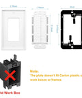 Two Pack Single Gang Brush Wall Plate With Sturdy Low Voltage Mounting Bracket Crisp White Facade dimensions and assembly overview.