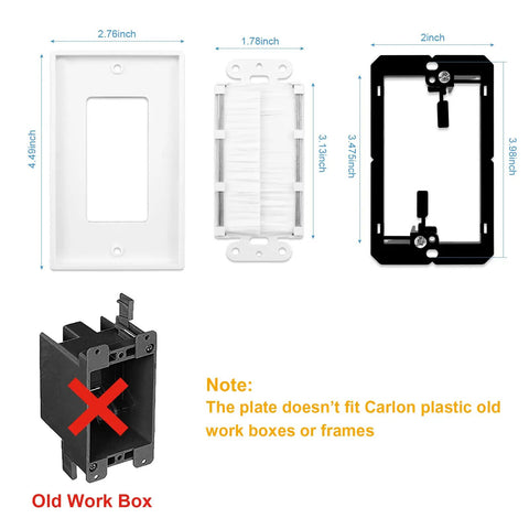 Two Pack Single Gang Brush Wall Plate With Sturdy Low Voltage Mounting Bracket Crisp White Facade dimensions and assembly overview.