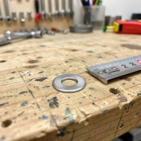M6 Conical Knurled Spring Lock Washers 304 Stainless Steel 40 Pack on workbench next to measuring tool for size comparison.