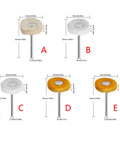 Five Pack Drill Abrasive Buffing Wheels With Cloth Felt 2.35mm And 3mm Shanks Rotary Tool Polishing Pads in various sizes.