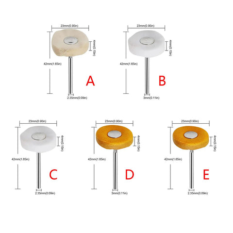 Five Pack Drill Abrasive Buffing Wheels With Cloth Felt 2.35mm And 3mm Shanks Rotary Tool Polishing Pads in various sizes.