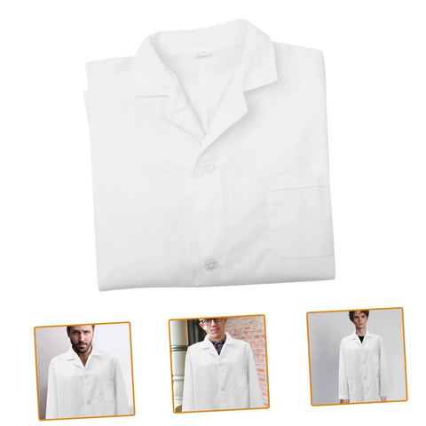 Men's Long Sleeve Lab Coat For Medical Pros Comfortable Doc Costume For Adults Unisex Design Ideal For Med Students, Lab Work, And Classroom Settings folded with collar visible
