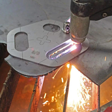 Tri Slot Cutter Stencil Kit Pro Grade 3 Piece Guide For Precise Slot Cuts 0.430 Inch Diameter in use with plasma cutter