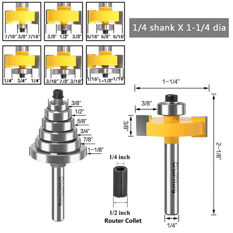 Quarter Inch Shank Rabbet Router Bit With Six Carbide Tips And Interchangeable Bearings for cabinetry woodworking, dimensions shown.