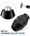 10 Piece Drill Chuck Collet Kit Replacement 4485 For Dremel Brass Quick Change Rotary Drill close-up on metal collet nut